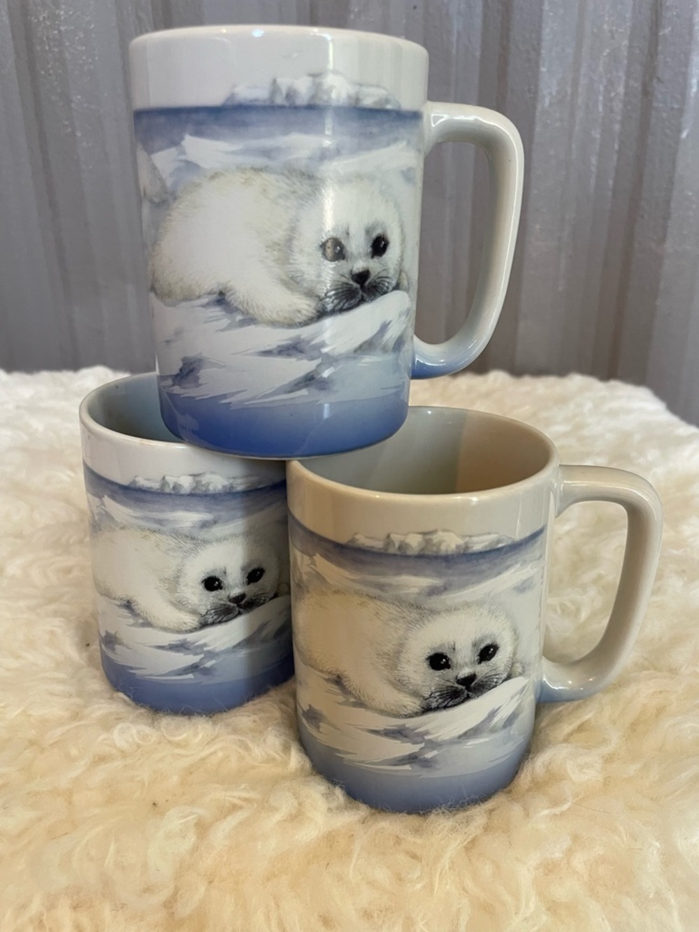 RARE VTG Otagiri White Baby Harp Seal Pup Coffee Mug Cup Set of 3 ~ Japan 12 oz